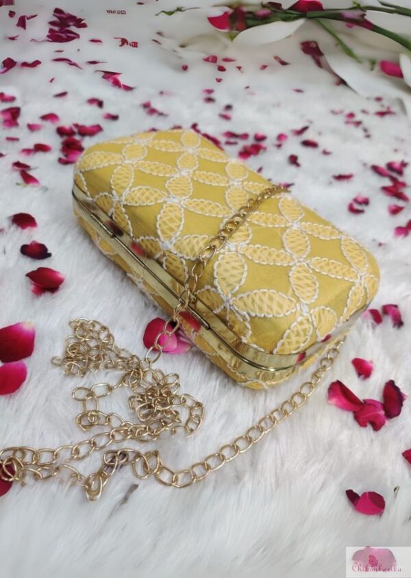 Lucknowi Chikankarika clutch with hanging chain , Metal Purse Clutches - Image 5
