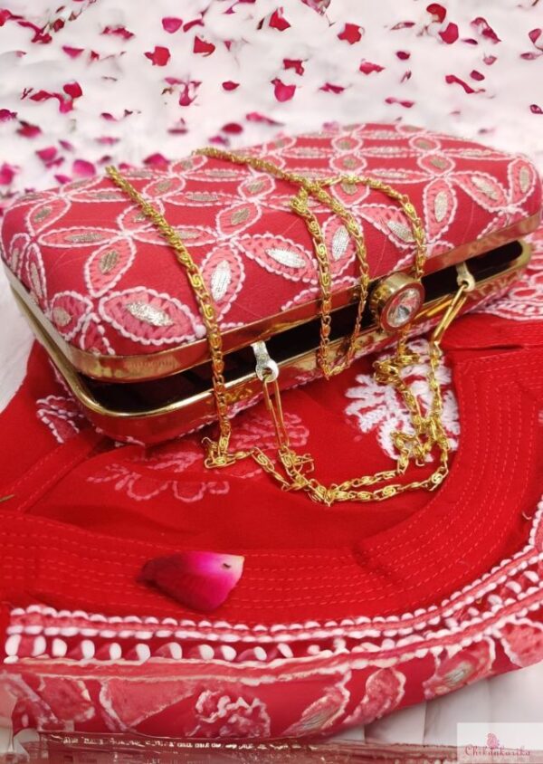 Lucknowi Chikankarika clutch with hanging chain , Metal Purse Clutches - Image 4