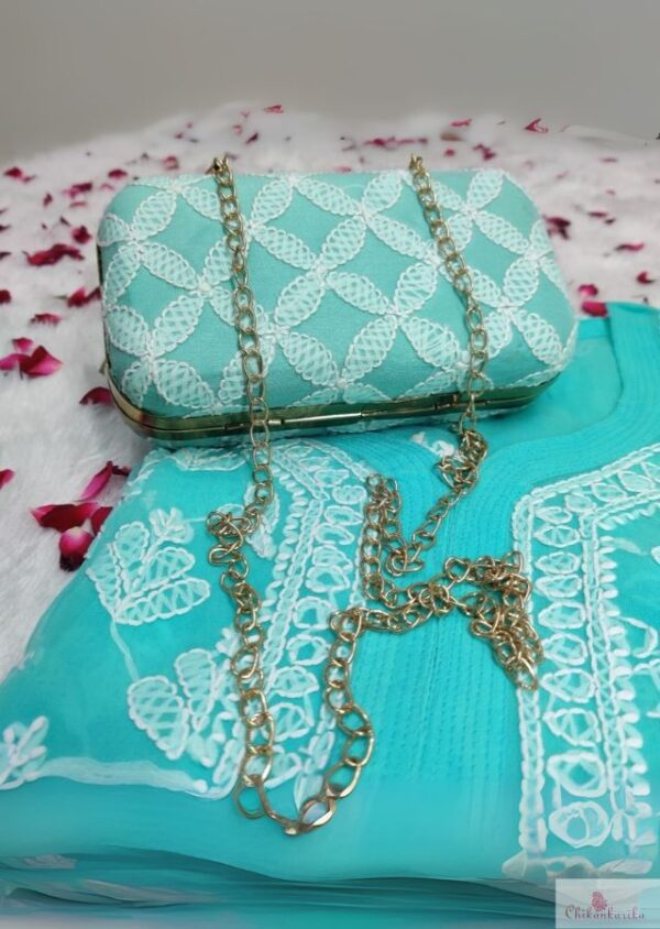Lucknowi Chikankarika clutch with hanging chain , Metal Purse Clutches - Image 2