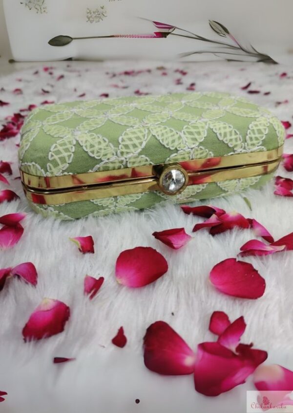 Lucknowi Chikankarika clutch with hanging chain , Metal Purse Clutches - Image 3